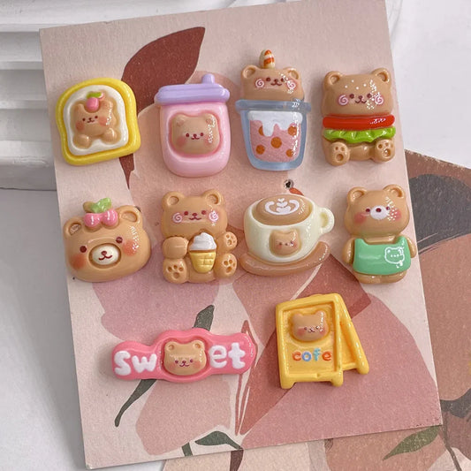 10pcs Kawaii Cartoon Milk Tea Coffee Cake Bear Flatbacks – Hair Embellishments for DIY Bows & Wedding Hairpin Accessories